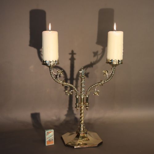 a gothic revival twobranch brass candlestick - CATEGORY: ANTIQUE LIGHTING - DATED VICTORIAN