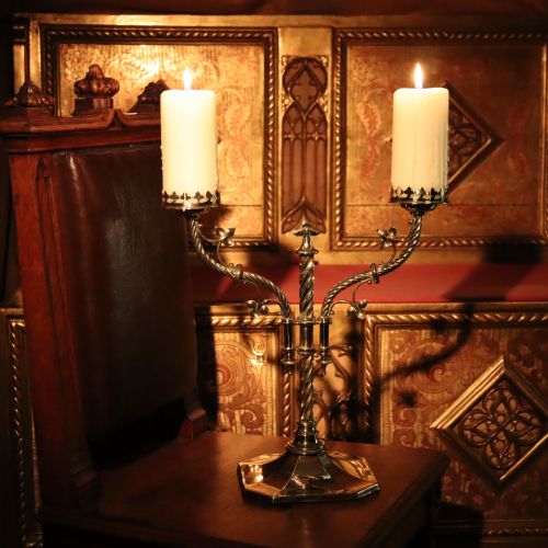 A GOTHIC REVIVAL TWOBRANCH BRASS CANDLESTICK - ADDITIONAL PHOTO 5