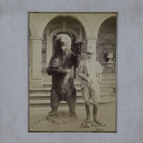 LATE 19TH CENTURY PHOTOGRAPH OF LORD WALTER BARON ROTHSCHILD BESIDE A LARGE STUFFED BEAR TAXIDERMY - ADDITIONAL PHOTO 1