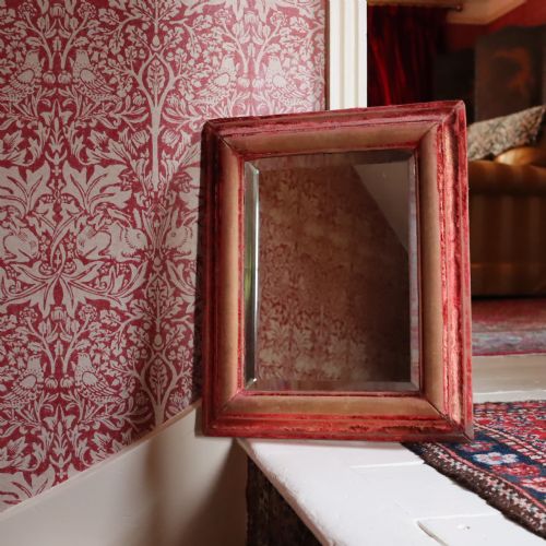 19th century beveled glass mirror within a red velvet frame - CATEGORY: ANTIQUE MIRRORS - DATED 19TH CENTURY