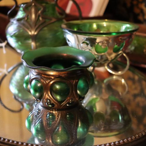 AN ARTS CRAFTS GLASS AND COPPER BOWL BY THE FAULKNER BRONZE COMPANY - ADDITIONAL PHOTO 4