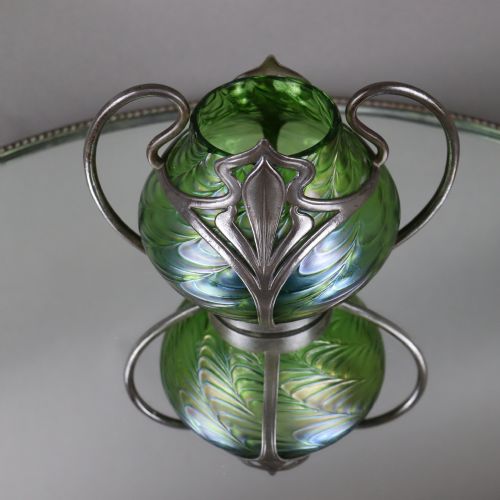 ART NOUVEAU PEWTER AND GLASS VASE BY J VAN HOUTEN CO THE GLASS ATTRIBUTED TO LOETZ - ADDITIONAL PHOTO 6