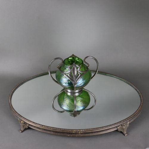 ART NOUVEAU PEWTER AND GLASS VASE BY J VAN HOUTEN CO THE GLASS ATTRIBUTED TO LOETZ - ADDITIONAL PHOTO 7