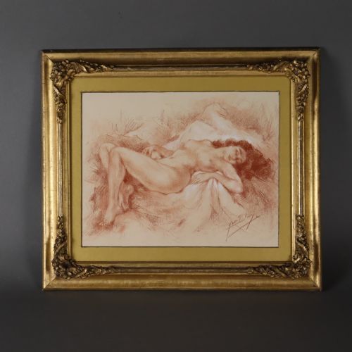 sanguine chalk drawing of female reclining nude signed yves diey - CATEGORY: ANTIQUE ART - DATED 1920