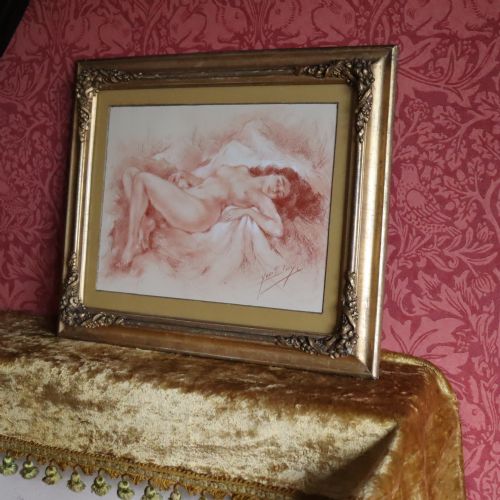 SANGUINE CHALK DRAWING OF FEMALE RECLINING NUDE SIGNED YVES DIEY - ADDITIONAL PHOTO 1