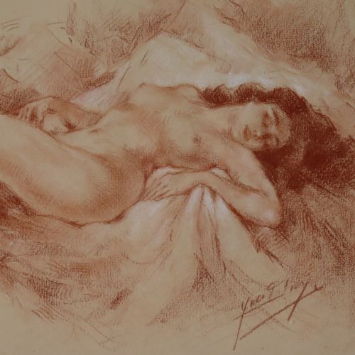 SANGUINE CHALK DRAWING OF FEMALE RECLINING NUDE SIGNED YVES DIEY - ADDITIONAL PHOTO 2