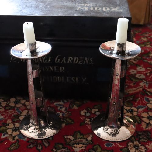 A PAIR OF ARTS AND CRAFTS SILVERED CANDLESTICKS - ADDITIONAL PHOTO 6