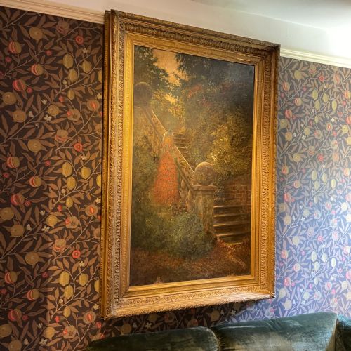 large victorian oil on canvas peacock in country house garden - CATEGORY: ANTIQUE ART - DATED VICTORIAN