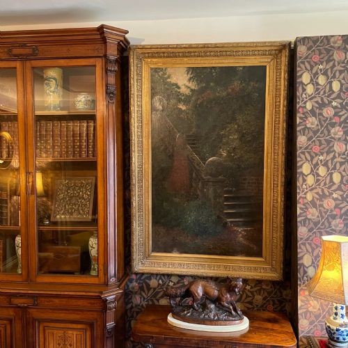 LARGE VICTORIAN OIL ON CANVAS PEACOCK IN COUNTRY HOUSE GARDEN - ADDITIONAL PHOTO 1