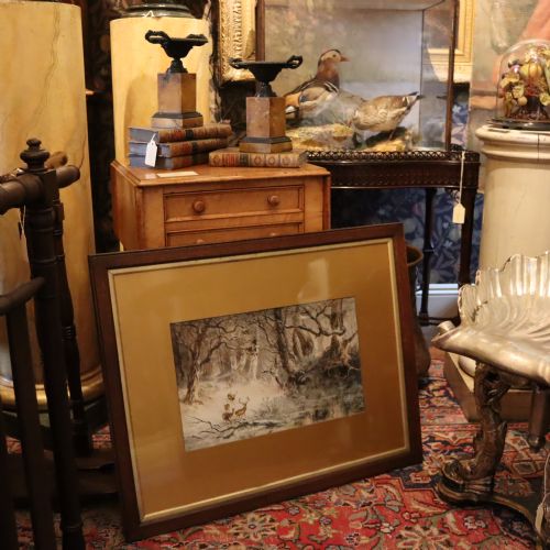 WATER COLOUR PAINTING STAG IN SNOW SCENE BY GEORGE WELLS QUATREMAIN TAXIDERMY - ADDITIONAL PHOTO 1
