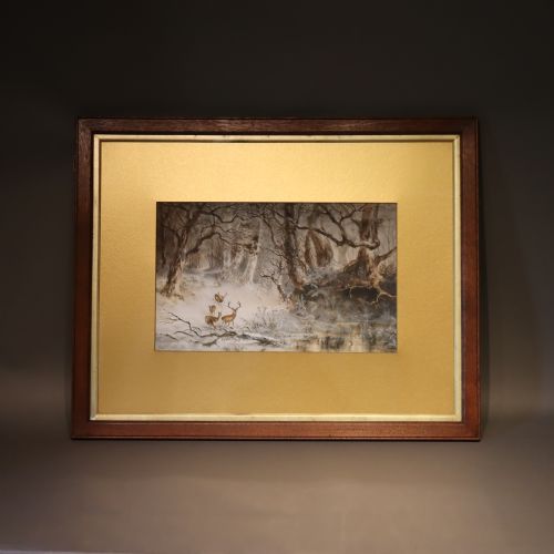 water colour painting stag in snow scene by george wells quatremain taxidermy - CATEGORY: ANTIQUE ART - DATED 1880