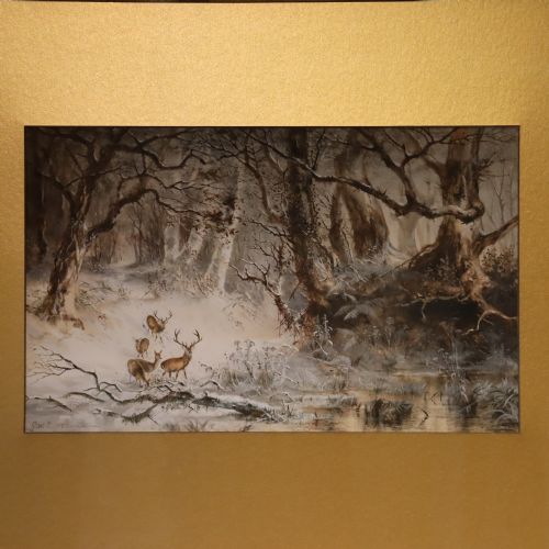 WATER COLOUR PAINTING STAG IN SNOW SCENE BY GEORGE WELLS QUATREMAIN TAXIDERMY - ADDITIONAL PHOTO 2