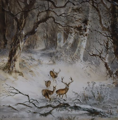 WATER COLOUR PAINTING STAG IN SNOW SCENE BY GEORGE WELLS QUATREMAIN TAXIDERMY - ADDITIONAL PHOTO 3