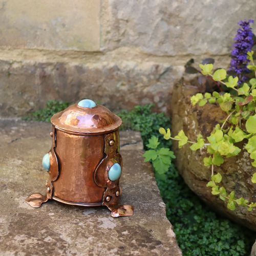 an arts and crafts copper and ruskin cabochon tea caddy - CATEGORY: ANTIQUE BOXES - DATED 1910