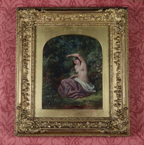 george wells 18421888 oil on canvas a nude with butterfly in a forest landscape - CATEGORY: ANTIQUE ART - DATED 1860
