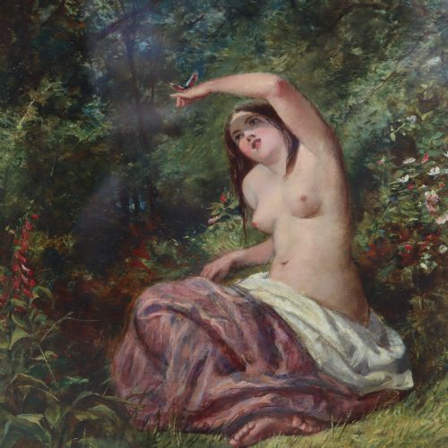 GEORGE WELLS 18421888 OIL ON CANVAS A NUDE WITH BUTTERFLY IN A FOREST LANDSCAPE - ADDITIONAL PHOTO 2