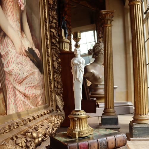 GRAND TOUR 19TH CENTURY GILT BRONZE CANDLESTICK WITH CARYATID BISCUIT SHAFT - ADDITIONAL PHOTO 4