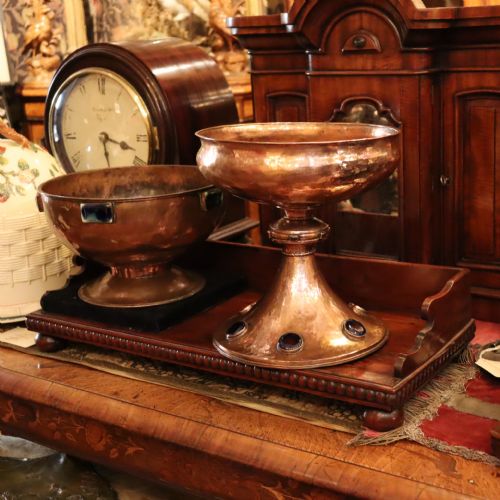 A LARGE ARTS AND CRAFTS COPPER AND ENAMELLED CABOCHON SET PEDESTAL BOWL - ADDITIONAL PHOTO 7