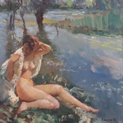 IMPRESSIONIST OIL PAINTING NUDE SUNBATHING BY A RIVER - ADDITIONAL PHOTO 1