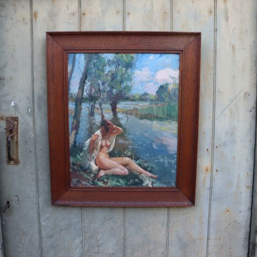 IMPRESSIONIST OIL PAINTING NUDE SUNBATHING BY A RIVER - ADDITIONAL PHOTO 3
