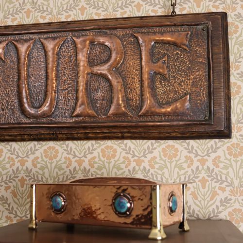 ARTS CRAFTS ANTIQUE FURNITURE BEATEN COPPER EMBOSSED PANELS - ADDITIONAL PHOTO 3