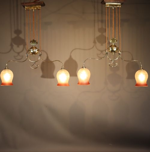 pair of english art nouveau rise and fall lights circa 1900 - CATEGORY: ANTIQUE LIGHTING - DATED 1900