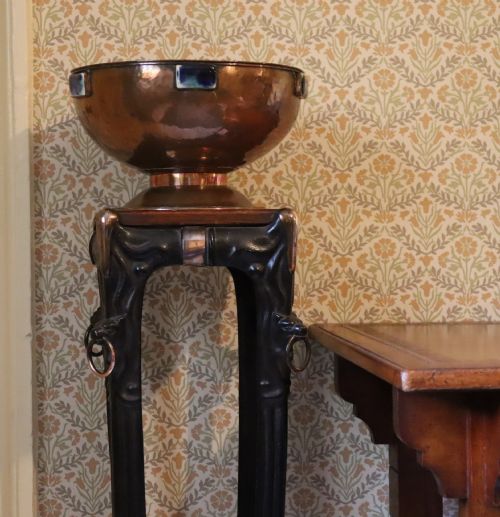 LARGE ARTS AND CRAFTS COPPER AND RUSKIN CABOCHON SET PEDESTAL BOWL - ADDITIONAL PHOTO 3