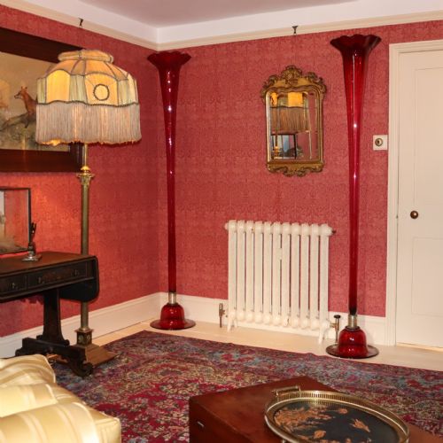 REMARKABLE PAIR OF 19TH CENTURY CRANBERRY GLASS FLOOR TRUMPET VASES - ADDITIONAL PHOTO 1