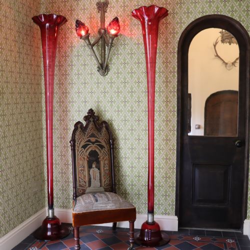 REMARKABLE PAIR OF 19TH CENTURY CRANBERRY GLASS FLOOR TRUMPET VASES - ADDITIONAL PHOTO 5