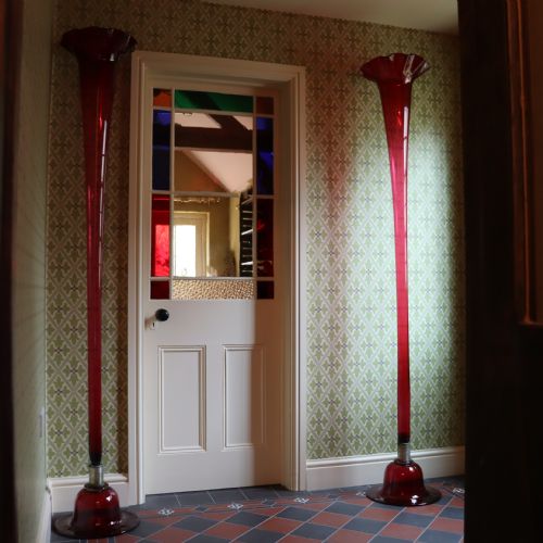 REMARKABLE PAIR OF 19TH CENTURY CRANBERRY GLASS FLOOR TRUMPET VASES - ADDITIONAL PHOTO 6
