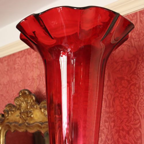 REMARKABLE PAIR OF 19TH CENTURY CRANBERRY GLASS FLOOR TRUMPET VASES - ADDITIONAL PHOTO 9