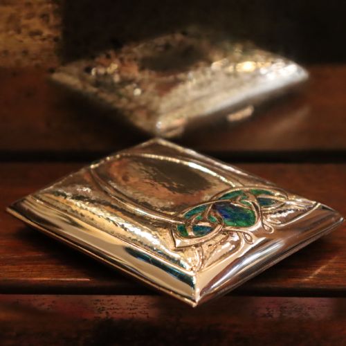 LIBERTY CO ARTS AND CRAFTS SILVER AND PEACOCK ENAMEL CIGARETTE CASE - ADDITIONAL PHOTO 1