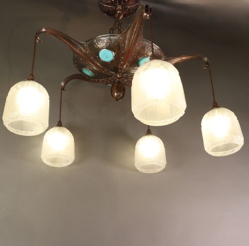 remarkable arts crafts hammered copper electrolier with ruskin cabochons circa 1910 - CATEGORY: ANTIQUE LIGHTING - DATED 1910