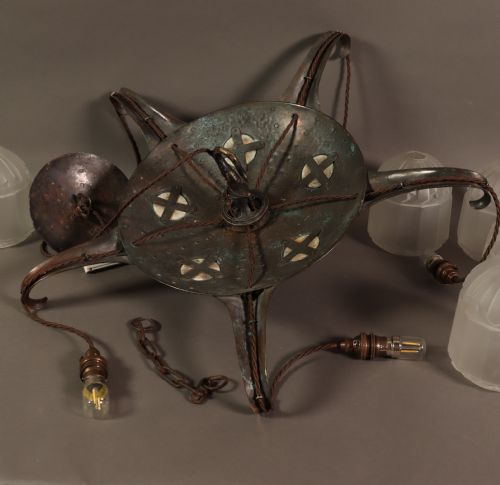 REMARKABLE ARTS CRAFTS HAMMERED COPPER ELECTROLIER WITH RUSKIN CABOCHONS CIRCA 1910 - ADDITIONAL PHOTO 9