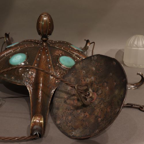 REMARKABLE ARTS CRAFTS HAMMERED COPPER ELECTROLIER WITH RUSKIN CABOCHONS CIRCA 1910 - ADDITIONAL PHOTO 11