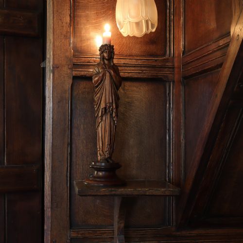 19TH CENTURY CARVED WOODEN FEMALE FIGURE CANDLESTICK ON SOCLE BASE - ADDITIONAL PHOTO 1