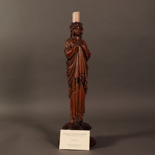 19TH CENTURY CARVED WOODEN FEMALE FIGURE CANDLESTICK ON SOCLE BASE - ADDITIONAL PHOTO 4