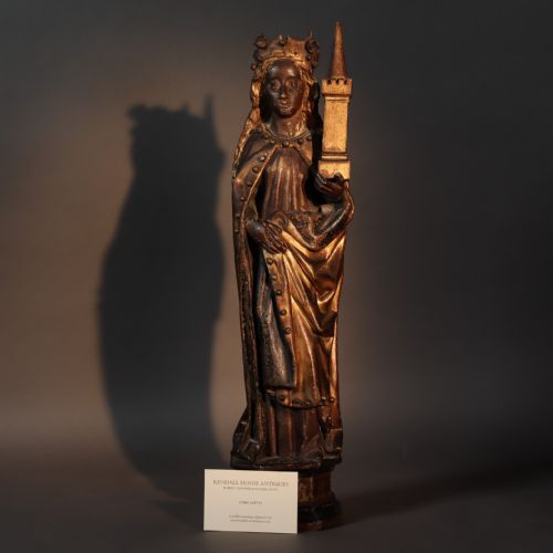 GERMAN 17TH CENTURY GILTWOOD AND POLYCHROME FIGURE OF SAINT BARBARA - ADDITIONAL PHOTO 7