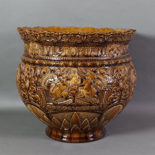 fig 1. Burmantofts majolica jardinière and stand commemorating the Diamond Jubilee of Queen Victoria in 1897