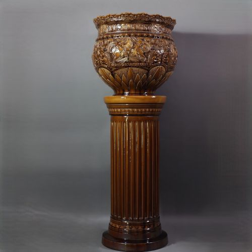 Burmantofts Majolica Jardinière and Stand Commemorating the Diamond Jubilee of Queen Victoria in 1897