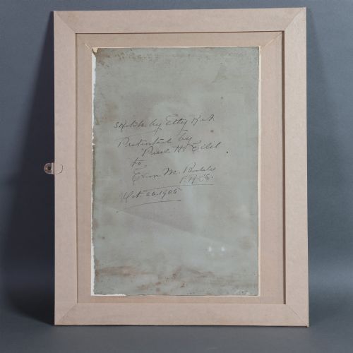 fig 2. A framed mixed media figure study on grey paper depicting the back profile of a recumbent female nude resting against a light background.