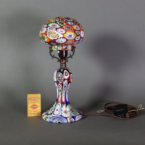 fig 3. An Italian Art Deco millefiori glass table lamp featuring a colourful patterned mushroom shade and matching flared stem base with brass fittings.