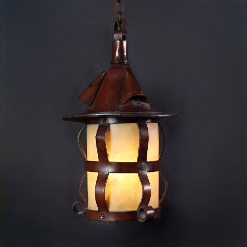 An Arts and Crafts Hand Stitched Leather and Velum Lantern Fully Working and Complete.