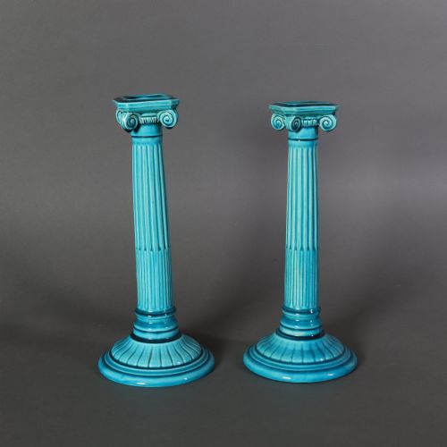 Late 19th Century. Matched Pair of Burmantofts Faience Candlesticks.