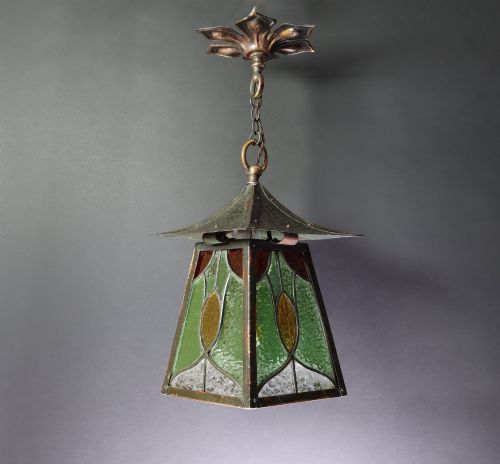 Arts & Crafts Planished Copper Lantern with Leaded Stained-glass Panels