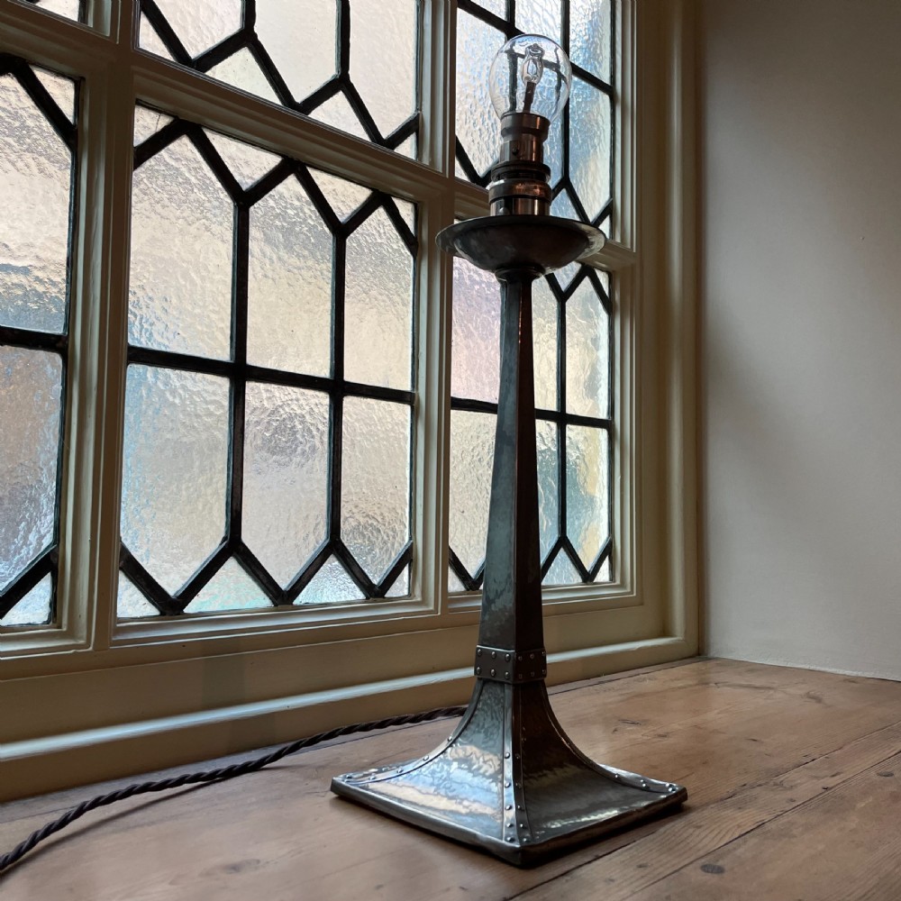 Arts & Crafts Beaten Pewter Candlestick Lamp