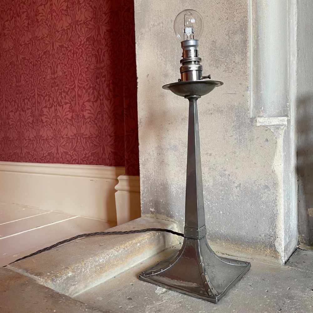 Arts & Crafts Beaten Pewter Candlestick Lamp View III
