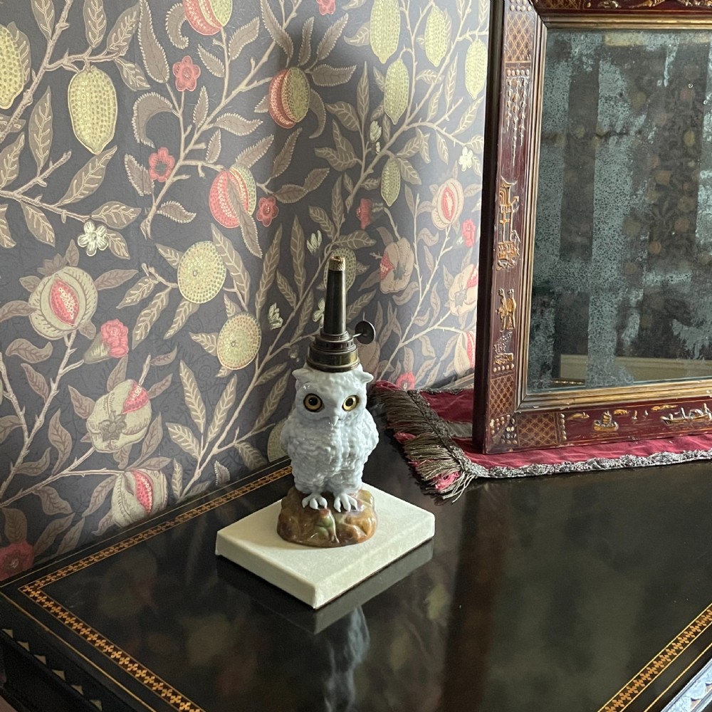 A Continental Porcelain Glass Eyed Owl Oil Lamp View II