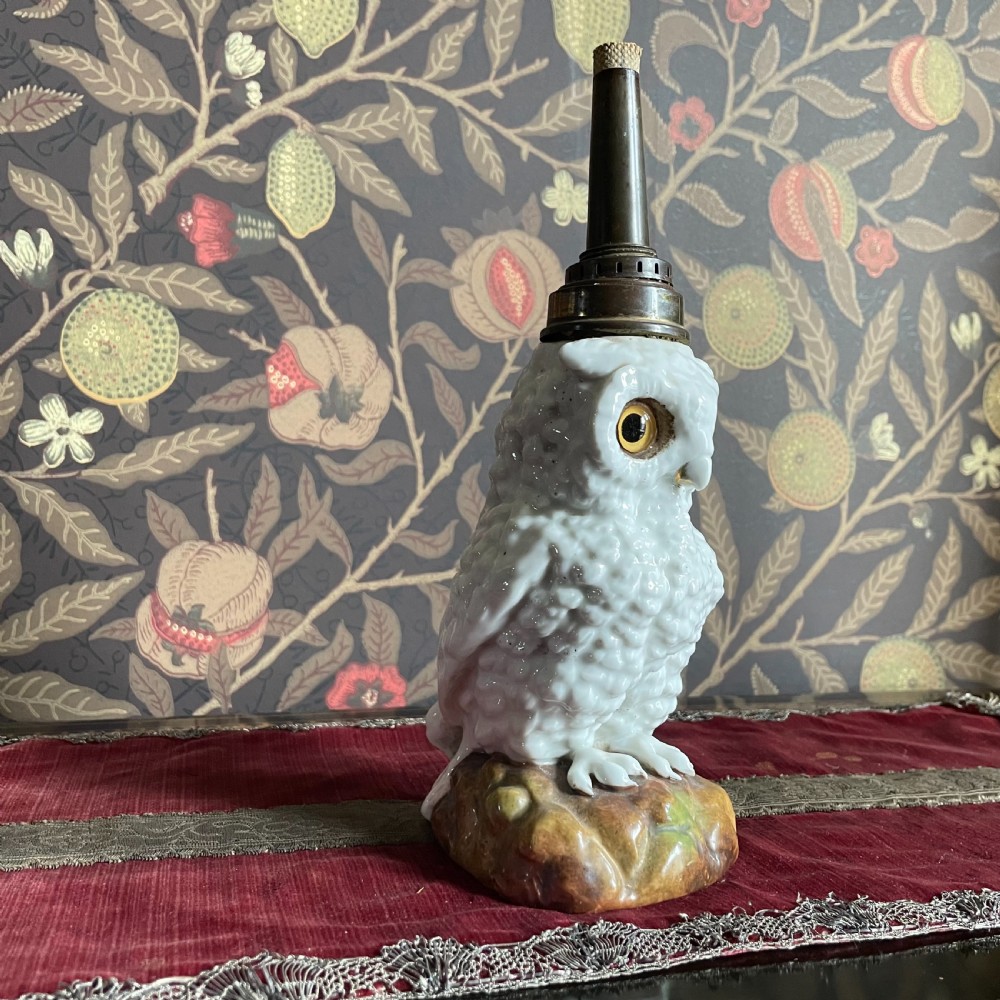 A Continental Porcelain Glass Eyed Owl Oil Lamp View III
