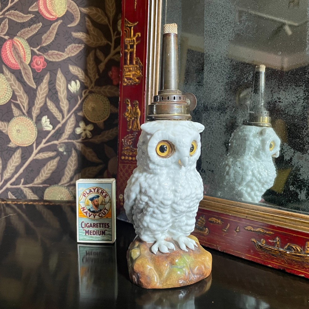 A Continental Porcelain Glass Eyed Owl Oil Lamp View IV